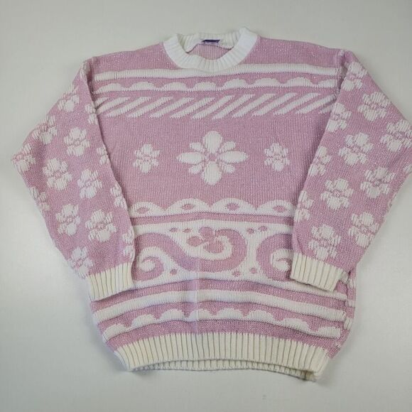 Vintage 80s Snowflake Pink Barbie Sweater Womens Large Arielle USA Grandma - Picture 1 of 10